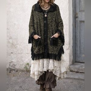 Enia's Shaggy Boho Lagenlook Cardigan Size L Oversized Knit Olive Green Fringed